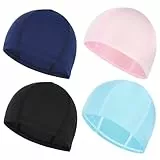 4 Stück Badekappe, Unisex Flexible Badehaube, Hochelastisch Schwimmhaube, Schwimmkappe für Herren Damen Lange Kurzes Haar (Schwarz, Dunkelblau, Seeblau, Rosa)
