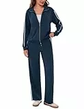 Terecey Trainingsanzug Damen Streatwear Sportanzüge Jogginganzug Zweiteiler Streifen Langarm Reißverschluss Outfit Sport Bekleidungsset Elegant Winter Freizeitanzug Sportanzug Marine L