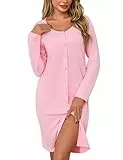 Litherday Nachthemd Damen Langarm Baumwolle mit Knopfleiste Rundhalsausschnitt Nachtkleid Schlafhemd Nachtwäsche Winter Schlafkleid Stillnachthemd Schlafshirt Weich und Bequem