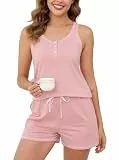 Wikoan Damen Pyjama Sommer Schlafanzug Kurz Ärmellos Zweiteiliger Nachtwäsche Sexy V-Ausschnitt Knöpfen Pyjama Sets Weich Baumwolle Schlafanzüge Rosa M
