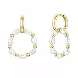 NOELANI Creolen 925 Sterling Silber Damen Ohrschmuck, mit Süßwasserzuchtperle, 3,2 cm, Gold, Kommt in Schmuck Geschenk Box, 2031713