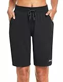 baleaf Damen Bermuda Shorts Baumwolle Sporthose Kurz Knielang Sweathose Sommerhose mit Taschen 10' Activewear Hosen Loose Casual Freizeit Schwarz M