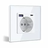 BSEED Schuko Steckdose mit USB C 20W Schnellladegerät USB Type C Wandsteckdose mit Glas Panel, USB Steckdose Unterputz, Einbausteckdose Geeignet für Phone, Pad,MP3 und mehr-Weiß