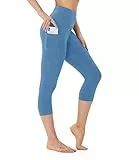 FOTOCITI Leggings Damen mit Tasche Capri Leggins High Waist Caprihose Sommer Blickdicht Sportleggins Sporthose Hose Gym Outdoor Yoga(Hellblau,S-M)