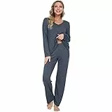 Mnemo Schlafanzug für Damen Weich Gestricktes Schlafanzug Damen lang sexy mit V-Ausschnitt und Exquisitem Gewelltem Saum 2 Stück Slim Fit Frauen Gemütliche Nachtwäsche Dunkelgrau Gr.XXL/46 EU