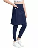 Haloumoning Mädchen Leggings mit Rock Knöchelläng Kinder Laufhose Tennisrock mit Taschen Yoga Sport Rockhose Tennisbekleidung 2-in-1 Dunkelblau 10-12 Jahre