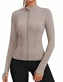 Rapbin Damen Langarm Gym Sport Tops Laufjacke Trainingsjacke Sportkleidung Frauen Sweatjacke Atmungsaktive Running Jacken Sportshirt Oberteil mit Daumenloch und Seitlichem Reißverschluss(Taupe,M)