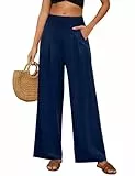 Niwicee Leinenhose Damen Sommer Baumwolle Leinen Hose High Waist Geradem Lose Casual Sommerhose mit Taschen Elastisch Hohe Taille Freizeithose Strandhose Lang Leichte (Marineblau, L)