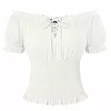 SCARLET DARKNESS Damen Renaissance Trachtenbluse Schulterfrei Gesmokte Bluse Baumwolle Mittelalter Tops Weiß S
