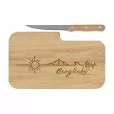 LASERHELD | Brotzeitbrett Holz mit Gravur “Berg-Liebe” & Messer | 26 x 15 cm | Frühstücksbrettchen Holz Schneidebrett Jausenbrett | Geschenk für Wanderer und Bergfreunde zum Vatertag