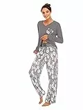 Famulily Schlafanzug Damen Lang Pyjama Set Winter Pyjama Baumwolle Nachtwäsche Print V-Ausschnitt langärmeliger Zweiteiliger mit Taschen,Dunkelgrau,M