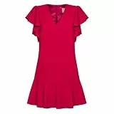 Swing Fashion Women's Megan Damen Cocktailkleid | Festliches Partykleid | Sommerkleid | Abendkleid | Rüschen Freizeitkleid | Minikleid | Elegantes Kleid | V-Ausschnitt | Kurzarm | Rot | 40, L
