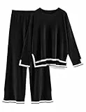 CMTOP Zweiteiler Damen Elegant Hausanzug Rundhals Lounge Set Gerippt Strickpullover Weites Bein Elastische Taille Hose Strickanzug Bequeme Freizeitanzug Loungewear Travel Outfit(Schwarz, XL)