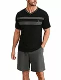 Nieery Schlafanzug Herren kurz Baumwolle Sommer Pyjama Set Kurzarm V-Ausschnitt T-Shirt und Shorty Schlafanzughose