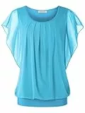 BAISHENGGT Damen Sommer Netz Bluse Flatter Kurzarm Tshirt Rundkragen Falten Elegant Oberteile Top Blusen Hellblau XL