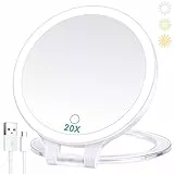 B Beauty Planet Kosmetikspiegel mit Beleuchtung 20fach,doppelseitiger 1x/20x kompaktspiegel,mit verstellbarem Klappgriff,kosmetikspiegel mit vergrößerung,wiederaufladbar, 3 Farblichter