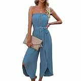 Ejoyous Damen Jumpsuit Ärmellos elegant Overall Damen trägerloser Kurzärmeliger Jumpsuit Strapless Jumpsuit Tube Top Jumpsuit Off Shoulder Jumpsuit Weites Bein(L-Blau)