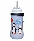 nip - Strohhalmbecher Straw Cup | Leichte, auslaufsichere Kindertrinkflasche mit Trinkhalm aus Silikon ab 12 Monaten. Einfach zu reinigen, 330 ml, Motiv Pinguin, blau