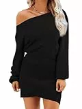 Wenrine Schulterfreies Pulloverkleid für Damen, Herbst und Winter, lässig, langärmelig, Strick, schmale Passform, Pullover, Minikleider, Schwarz, X-Klein
