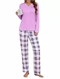 Uniexcosm Schlafanzug Damen Lang Zweiteiliger Herbst Winter Pyjama Set Baumwolle V-Ausschnitt Oberteil und Karierte Pyjamahose Schlafanzüge für Frauen B:Hellviolett S