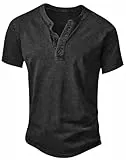 Anelune Herren Henley T-Shirt, Baumwolle, Slim Fit, Kurzarm, leicht & atmungsaktiv, Vintage Distressed Freizeit Tee Schwarz XL