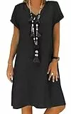 Sommerkleid Damen Leinen Kleider Casual V-Ausschnitt Midikleid Kurzarm A-Linie Kleid Strandkleid Ohne Zubehör (A Schwarz, 3XL)