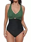 CUPSHE Damen Badeanzug Wickeloptik V Ausschnitt Zierausschnitten Bauchweg Raffungen Einteilige Bademode Swimsuit Dark Green/Black L