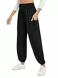 Famulily Hosen Damen Locker mit Taschen Lässige lockere Yogahosen Feste Farbe Fließende Strandhosen Schwarz S