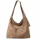 JANSBEN Wildleder Handtasche Damen Groß Shopper Tasche Damen Schultertasche Suede Hobo Bag Umhängetasche für Freizeit, Arbeit, Reisen Khaki