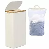 efluky Wäschekorb mit Deckel 75L, Schmal Wäschekorb mit Waschbarer Innentasche, Beige Wäschebehälter mit Bambusgriffen, Faltbare Wäschekörbe für Waschküche, Schlafzimmer, Badezimmer
