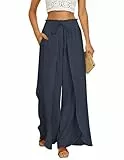 GRACE KARIN Damen Palazzo-Hose weitem Bein Rüschenschlitze elastischem Bund fließender Sommer-Strandhose mit Taschen Marineblau L