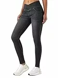 LaiEr Damen V Crossover Skinny Jeans Hohe Taille Bauchkontrolle Casual Fitness Leggings, Weich und elastisch Casual Faux Denim Print mit Seitentaschen(DarkGrauM)