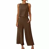 Awrvia Damen Zweiteilige Outfits Baumwolle Leinen Freizeitanzug Slim Fit Tank Top und Leichter Hose Casual Hosenanzug Elegant Leinenanzug Strand Urlaub Streetwear