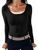 Terecey Damen Langarmshirt Square Neck Thermo Unterhemd Oberteil Slim Fit Baumwolle Stretch T-Shirt Atmungsaktiv Weich Basic Layer Top Elegant Longsleeve Thermoshirt, Schwarz S