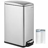 ‎SONGMICS Mülleimer Küche, 48 Liter, schmal, Abfalleimer, Tretmülleimer für Enge Räume, Küchenmülleimer mit Softclose-Deckel und Inneneimer, Edelstahl, 15 Müllbeutel inklusive, silbern LTB510E48