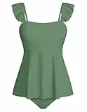 Kate Kasin Damen Sommer Bauchbedeckendes Tankini-Set Einfarbiger Rüschen 2-teiliger Badeanzug Grün M