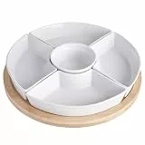 BUTLERS Set Snackschalen & Dipschalen | 5 Porzellan Schalen mit rundem Teller aus Bambus Ø26cm -APPETIZER- Servierschalen Set für Snacks, Fingerfood, Obst | Snackteller mit Fächern