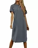 Imily Bela Dame Tshirt Kleid Sommer Shirtkleid Baumwolle Kurzarm Rundhals Minikleider Freizeitkleid mit Taschen.Grau.M