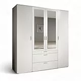 Stella Trading VESALA Kleiderschrank mit Spiegeltüren in Weiß - Vielseitiger Drehtürenschrank 4-türig für Ihr Schlafzimmer - 180 x 195 x 56 cm (B/H/T)