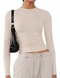 Langarmshirt Damen Tshirts Rundhals Elegant Langarm Oberteile Basic Eng Y2k Tee Tops Einfarbig Shirts Hellaprikose M