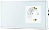 TAWOIA Touch Lichtschalter mit Steckdose,EU Standard 1 Fach Steckdose 1 Fach 1 Wege Unterputz Lichtschalter mit 2.5D Curved Glas Platte 86 * 157mm Weiß