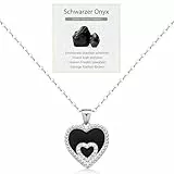 J.Endéar Schwarze Onyx Herz Anhänger Halskette für Damen Echt Silber 925 Kette mit Edelstein Schutzstein für Frauen, Geschenk Valentinstag Geburtstag Hochzeitstag (mit Box & Karte)
