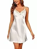 Marvmys Negligee Damen Satin Sexy Babydoll Kurze Nachthemd Sommer Spitzen V-Ausschnitt Schlafshirt Nachtkleid Unterkleid Verstellbarer Schultergurt A-Weiß M