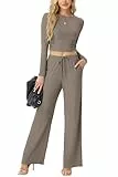 QIXING Trainingsanzug Damen Langarm Rundhalsausschnitt Hausanzug Weites Bein Hochgeschnittene Jogginghose Loungewear Set Jogginganzug (Rauchgrau, XXL)