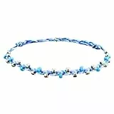 happymaker - Fußkettchen für Damen, wasserfester Schmuck und hippie Accessoires, Fußkettchen für Damen Perlen blau und silber, wasserfest und größenverstellbares Fussband, Stoffband, Festival Schmuck