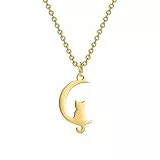 Flongo Katze Mond Halskette für Damen: Gold Katze auf dem Mond Halbmond Kätzchen Anhänger Edelstahl Verstellbare Niedlich Klassisch Kette