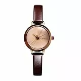 JewelryWe Damenuhr Kleine Uhren mit Lederarmband: Einfache Analog Quarz Armbanduhr Damen Vintage Minimalistische Uhr mit Braun Schmalem Echtleder Leder Armband und Rosegold Gehäuse