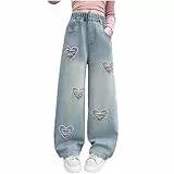 XINYUNZU Baggy Jeans Mädchen Breite Hose Jeanshose mit Gummizug Freizeithose Wide Leg Jeanshosen Outdoorhose Pants Girls Mode Hosen für Kinder und Teenager Frühling Sommer Blau 9-10 Jahre