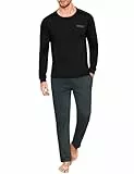 Uniexcosm Schlafanzug Herren Lang Pyjama Set Zweiteiler Herbst Winter Nachtwäsche aus Baumwolle Rundhals Langarm Oberteil und Pyjamahose Schlafanzüge für Männer A:Schwarz 4XL