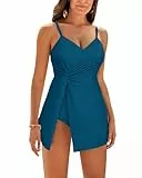 GRACE KARIN Damen Bauchweg-Badeanzug mit V-Ausschnitt Push-Up-Monokini Blaugrün L